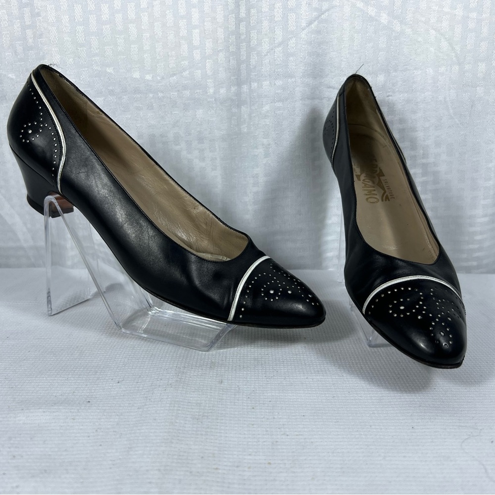 7169: Salvatore Ferragamo Vintage Black Leather Studded Cap-Toe Pumps 9.5 AAAA